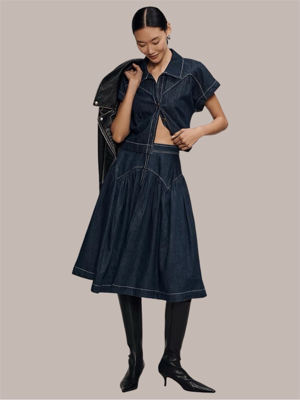 Maeve Anthropologie Yoked Dark Wash Denim Midi Skirt Sz S Flowy Bohemian Style